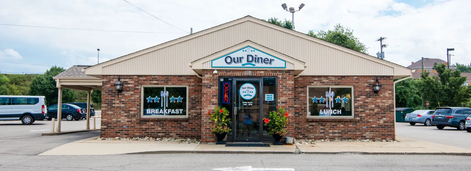 The Our Diner building at 110 W Allegheny Rd in Imperial, PA, with Breakfast and Lunch signs in the windows