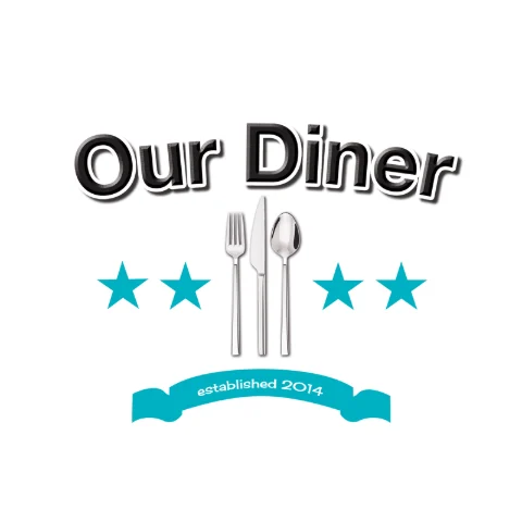 Our Diner logo: fork, knife and spoon between four stars, established 2014